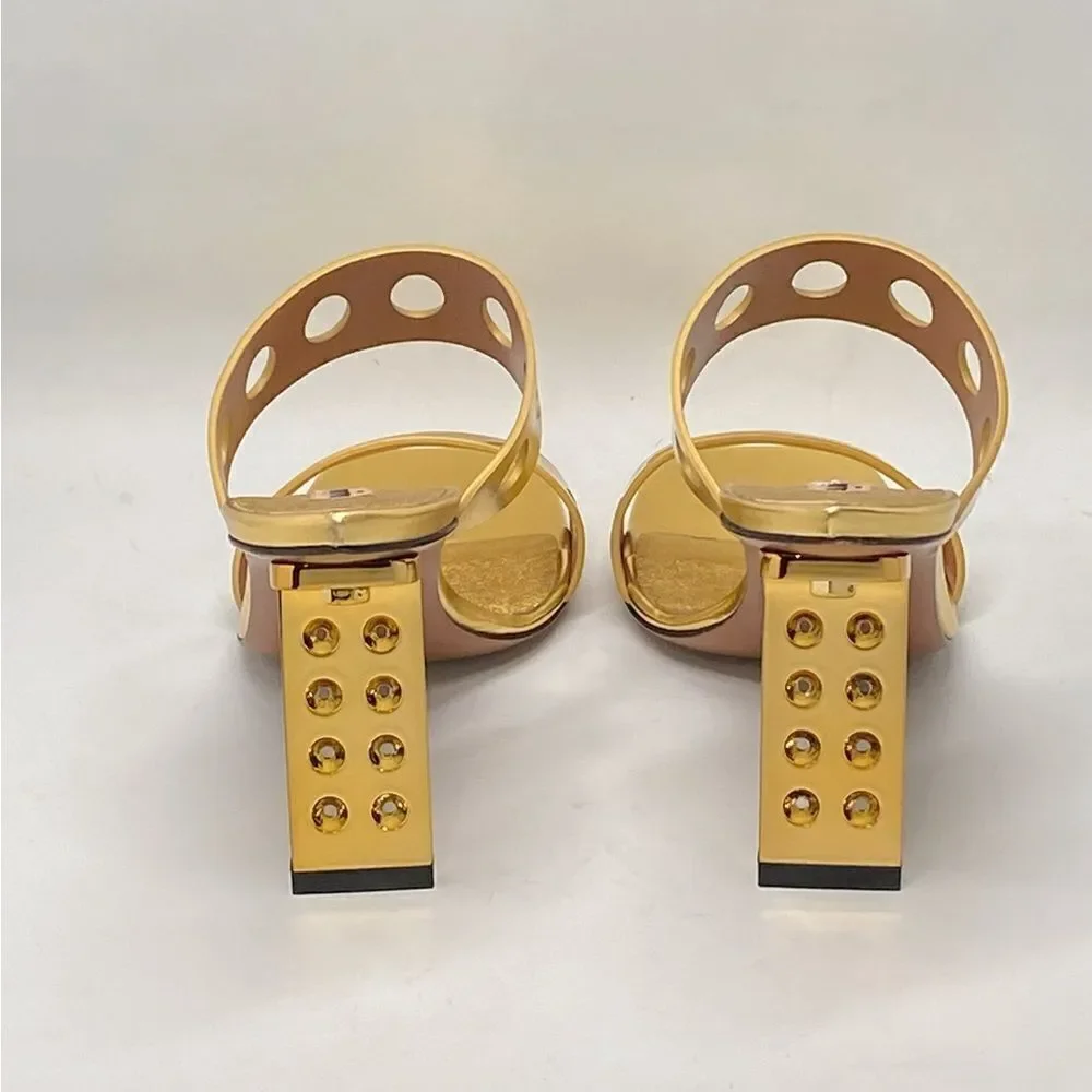 Alaia Perforated Metallic Square Toe Mules Sandal size 40.5
